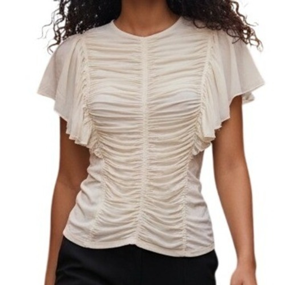 EXPRESS Ruched Flutter Sleeve Ivory Off White Blouse NWT $58 Size XS
